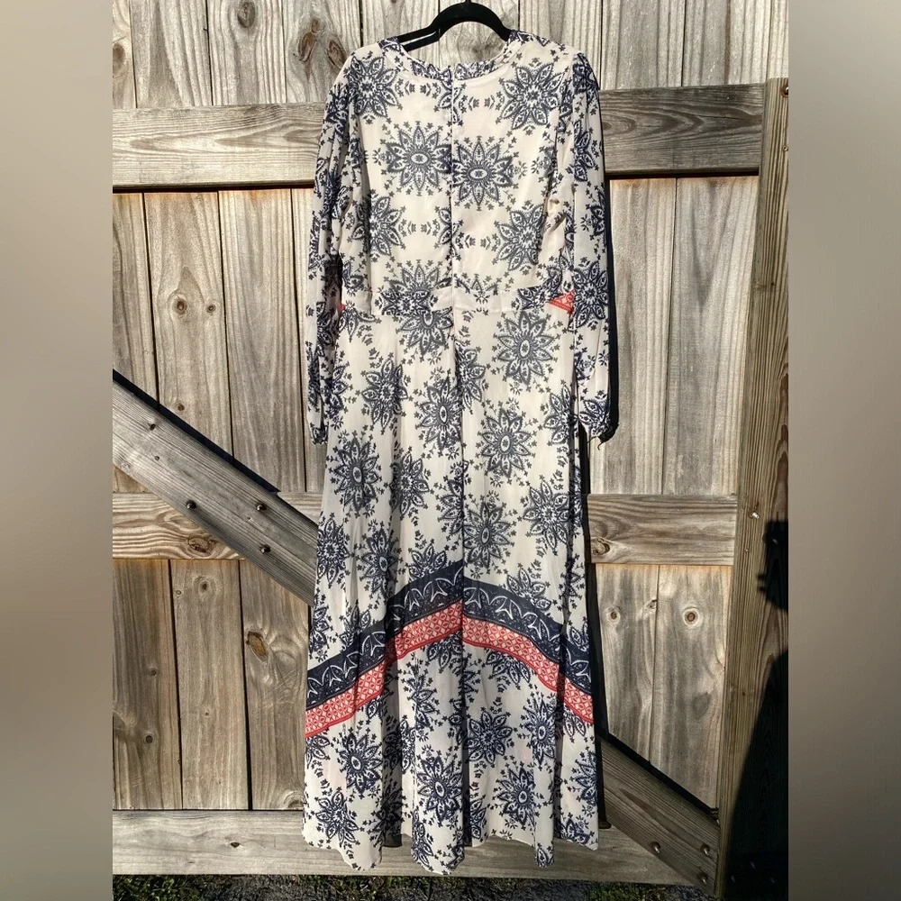 Boho Maxi Dress in Cream with Navy & Coral Accents